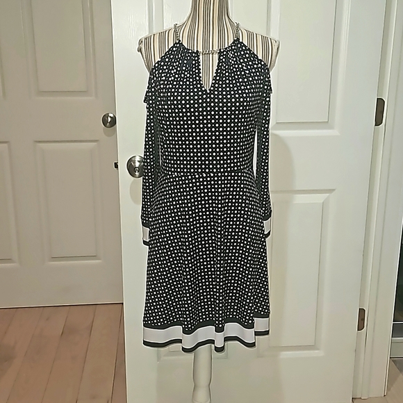 Michael Kors Polka-dot Chain- neck Cold Shoulder Women Dress Size PM - Picture 1 of 11